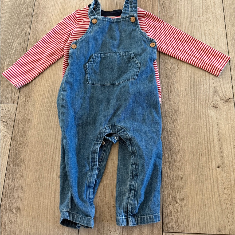 Old Navy Blue Denim Overalls with Red & White Stripe Top